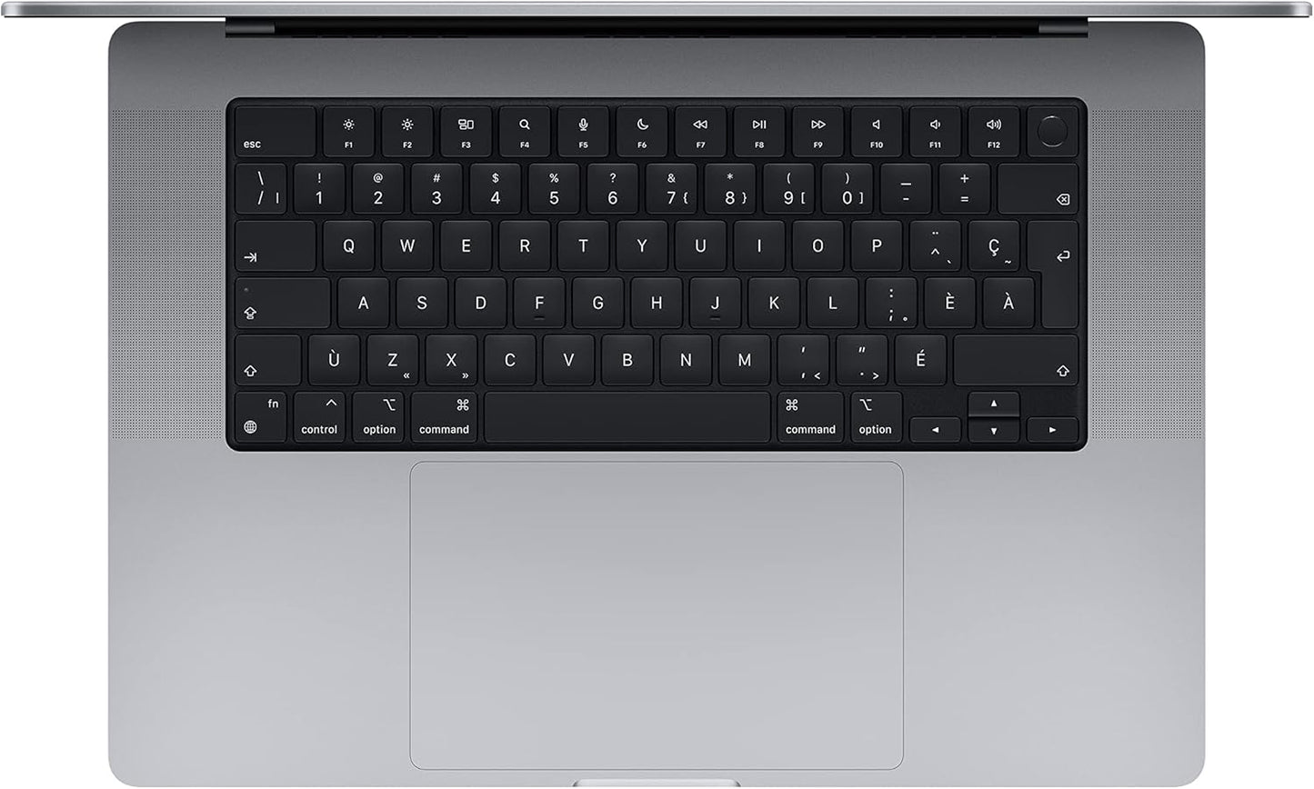 Apple MacBook Pro 16-inch A2485 refurbished laptop in space gray with M1 MAX chip, shown from the front on a desk.