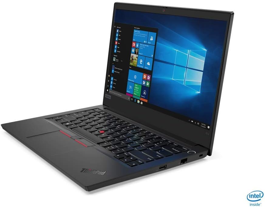 Lenovo ThinkPad E14 Gen 2 14-inch refurbished laptop with Intel Core i5-10210U processor, black keyboard, and sleek design.