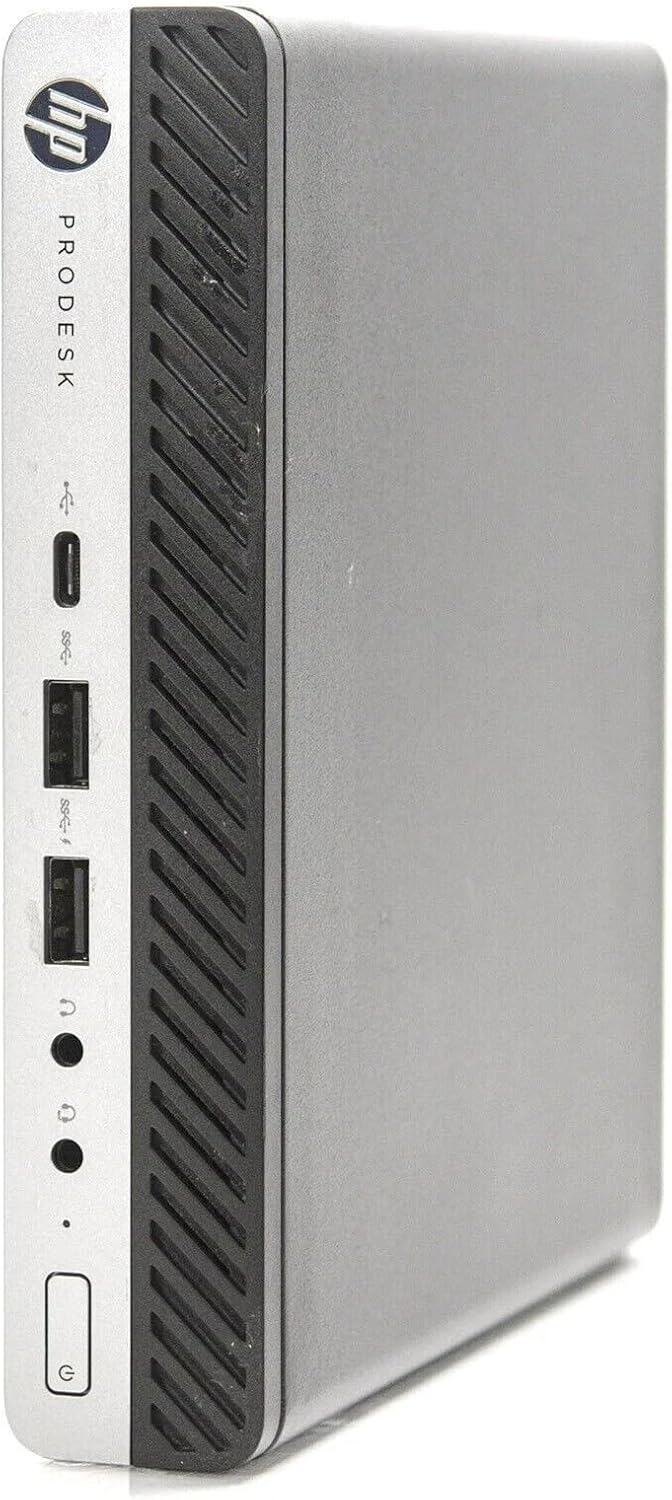 HP Mini Refurbished Desktop PC with AMD A10 processor, compact tiny computer for home and office use.