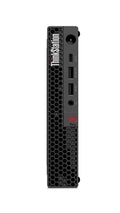 Refurbished Lenovo ThinkStation Tiny desktop PC with Intel Core Ultra 7 265 processor, compact and black with ports visible.