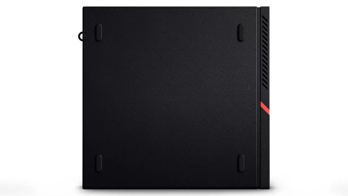 Refurbished Lenovo ThinkCentre Tiny PC with AMD Ryzen 5 2400GE processor, compact desktop computer on a white background.