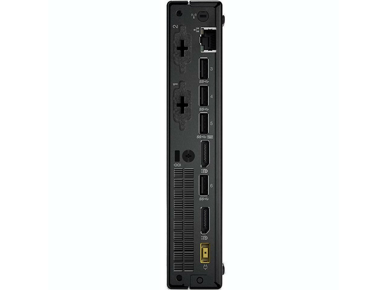 Refurbished Lenovo ThinkCentre Tiny PC with Intel Core i7-6700T processor, compact desktop with black case and ports visible.