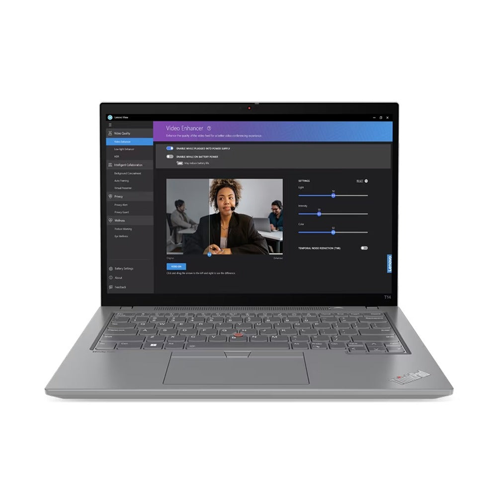 Refurbished Lenovo ThinkPad T14 Gen 4 14-inch laptop with Intel Core i5-1335U processor, black chassis, open showing keyboard and screen