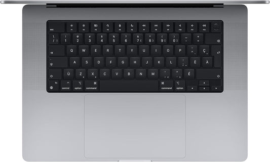Apple MacBook Pro 16-inch A2485 refurbished laptop in space gray with M1 MAX chip, shown from the front on a desk.