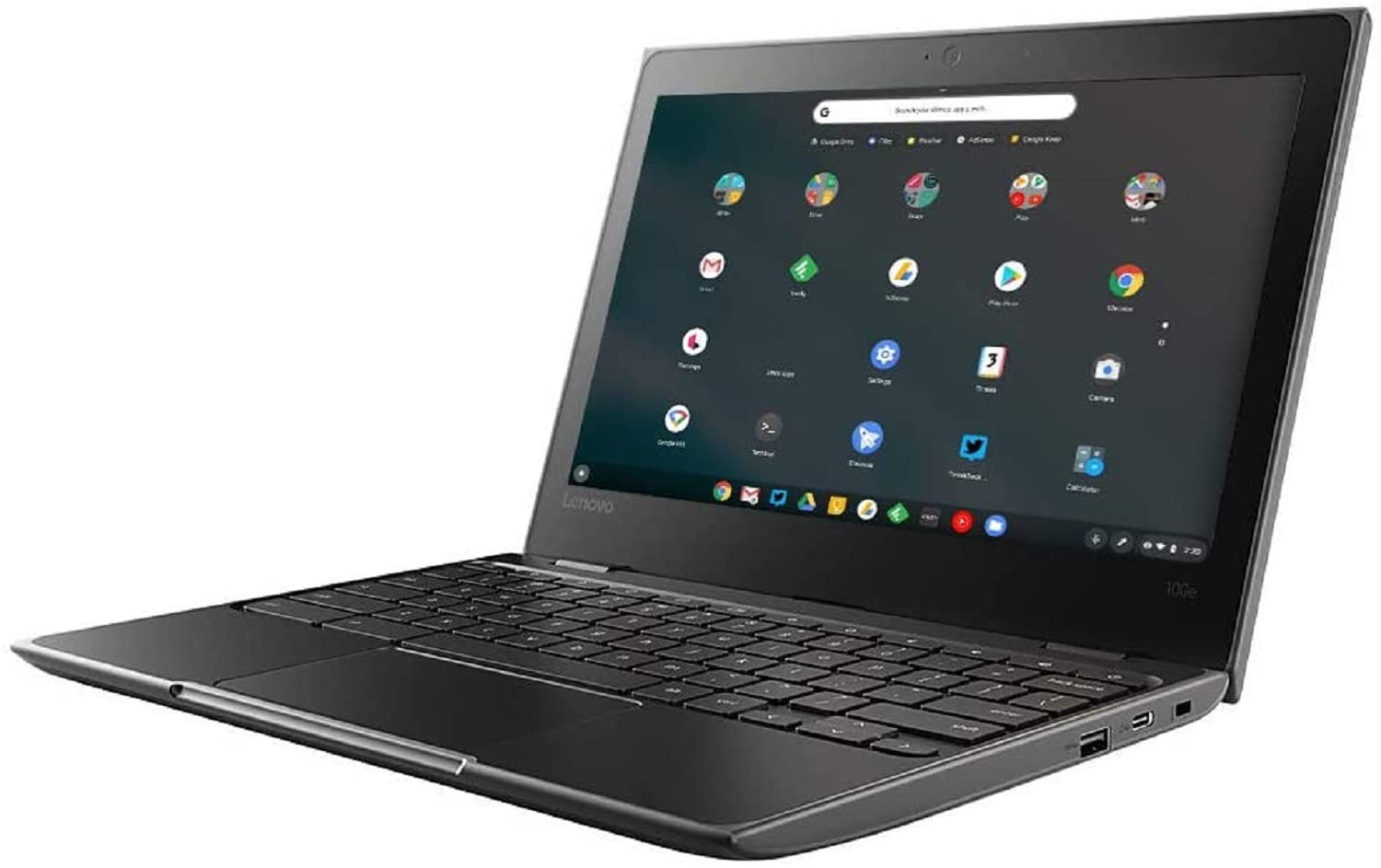 Refurbished Lenovo Chromebook 100e 2nd Gen laptop with 11.6-inch display and AMD A4-9120C processor, designed for school and home use.