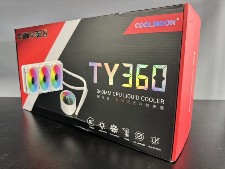 Coolmoon TY360 Liquid AIO 360mm ARGB CPU cooler with high-performance liquid cooling, featuring RGB lighting and sleek design.