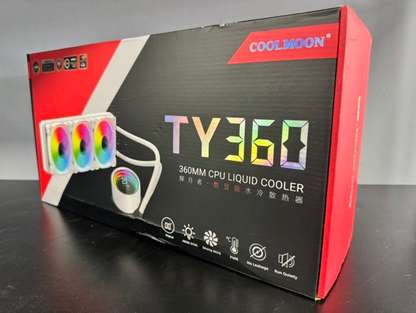 Coolmoon TY360 Liquid AIO 360mm ARGB CPU cooler with high-performance liquid cooling, featuring RGB lighting and sleek design.