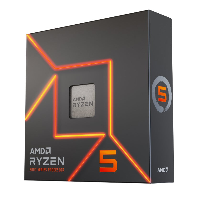 AMD Ryzen 5 7600X 6-core Zen 4 processor for AM5 socket, shown in a close-up view highlighting the product packaging.