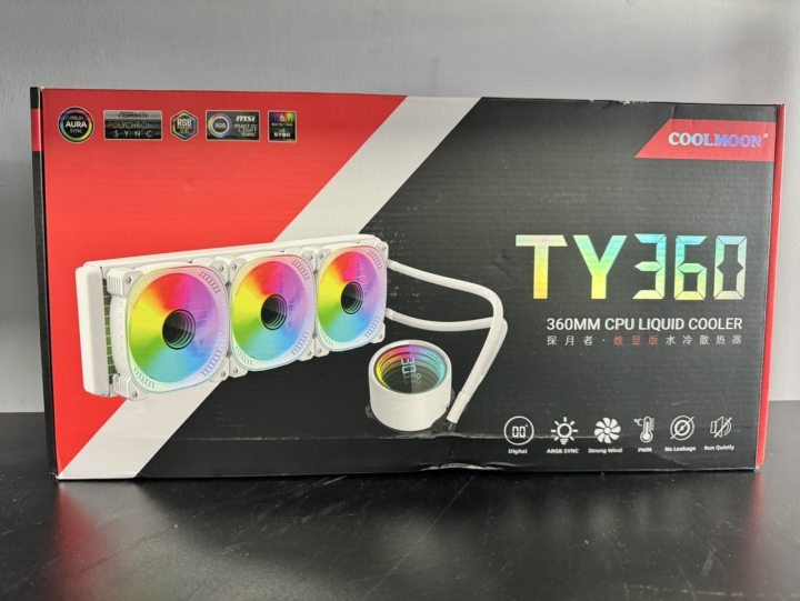Coolmoon TY360 Liquid AIO 360mm ARGB CPU cooler with radiator, fans, and tubing for high-performance liquid cooling system.