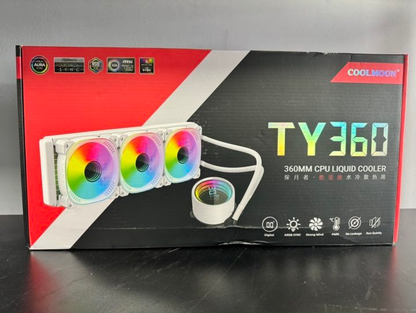 Coolmoon TY360 Liquid AIO 360mm ARGB CPU cooler with radiator, fans, and tubing for high-performance liquid cooling system.