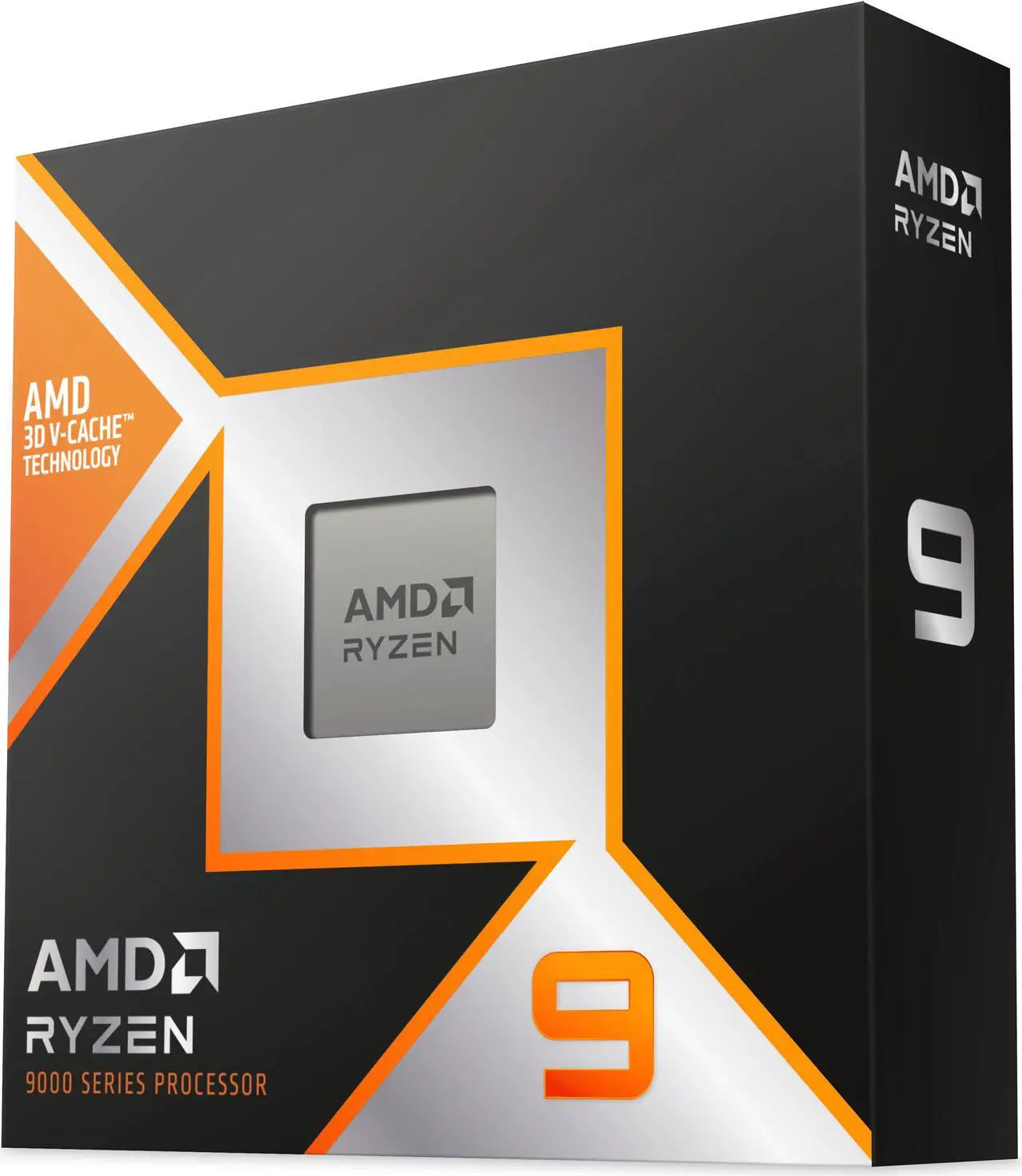 AMD Ryzen 9 9950X3D 16-core Zen 5 processor for AM5 socket, shown with sleek black packaging and detailed product label.