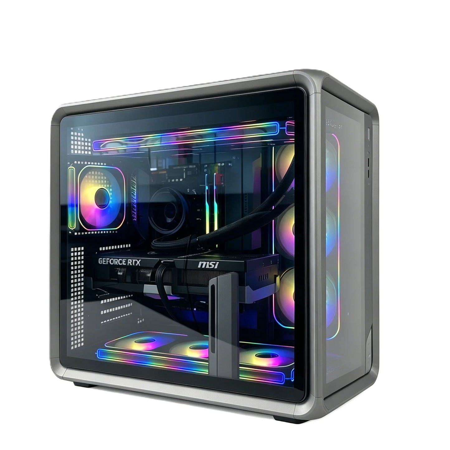 Uniway Gaming AMD Ryzen 9 9950X3D gaming PC with NVIDIA GeForce RTX 4090 graphics card and JONSBO case, front view.