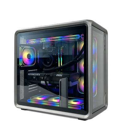 Uniway Gaming AMD Ryzen 9 9950X3D gaming PC with NVIDIA GeForce RTX 4090 graphics card and JONSBO case, front view.