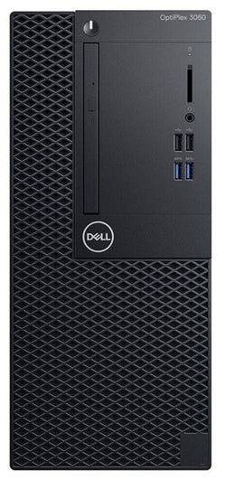 Refurbished Dell OptiPlex Tower desktop with Intel Core i5-8500 processor, black case, and front USB ports.