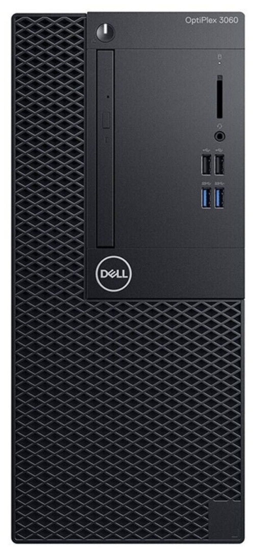 Refurbished Dell OptiPlex Tower desktop with Intel Core i5-8500 processor, black case, and front USB ports.
