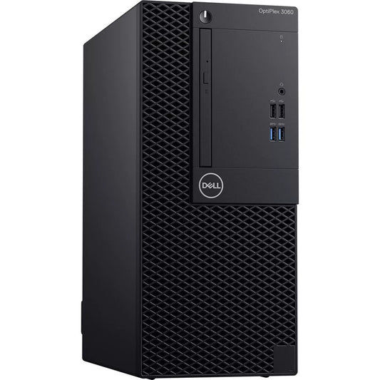 Dell OptiPlex Tower desktop with Intel Core i5-8500 processor, refurbished, compact design, black case, front USB ports.