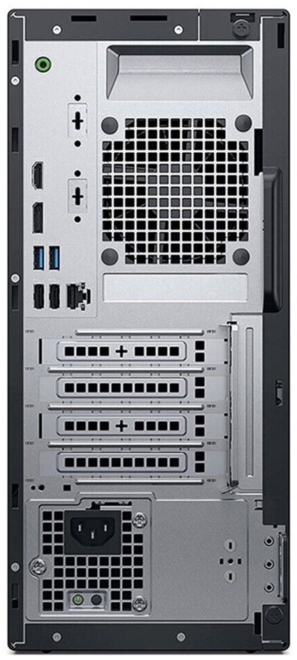 Refurbished Dell OptiPlex tower desktop with Intel Core i5-8500 processor, black case, and front USB ports.