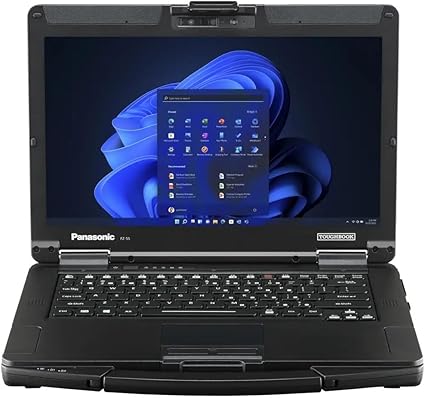 Refurbished Panasonic Toughbook FZ-55 14-inch laptop with Intel Core i5-8365U processor, featuring a black keyboard and screen display.