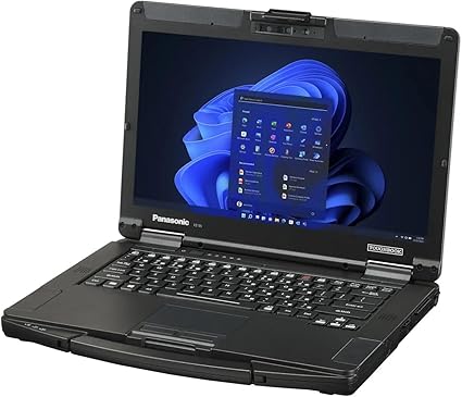 Refurbished Panasonic Toughbook FZ-55 14-inch laptop with Intel Core i5-8365U processor, showing the keyboard and screen.
