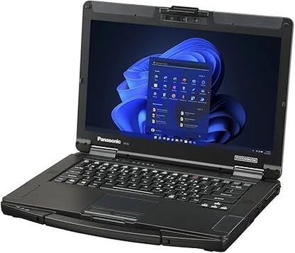 Refurbished Panasonic Toughbook FZ-55 14-inch laptop with Intel Core i5-8365U processor, showing the keyboard and screen.