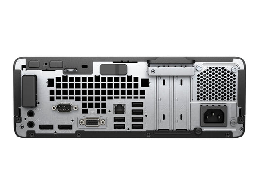 Refurbished HP Small Form Factor Desktop with Intel Core i5-7500 processor, black case and front USB ports.