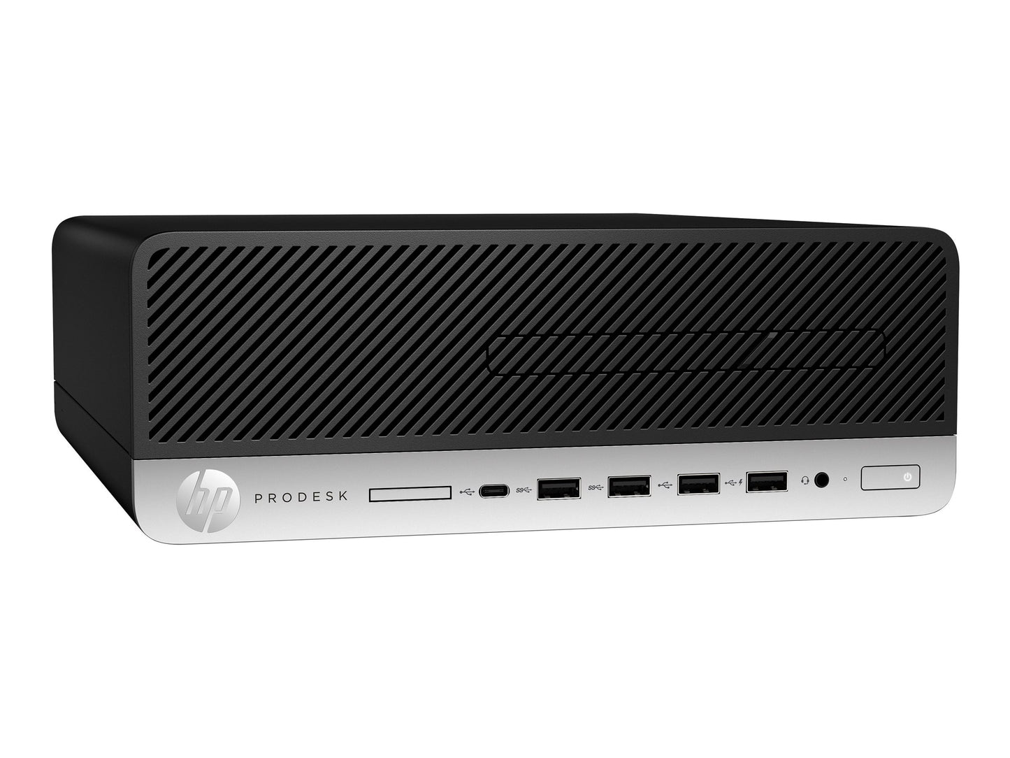 Refurbished HP small form factor desktop computer with Intel Core i5-7500 processor, compact design and black finish.