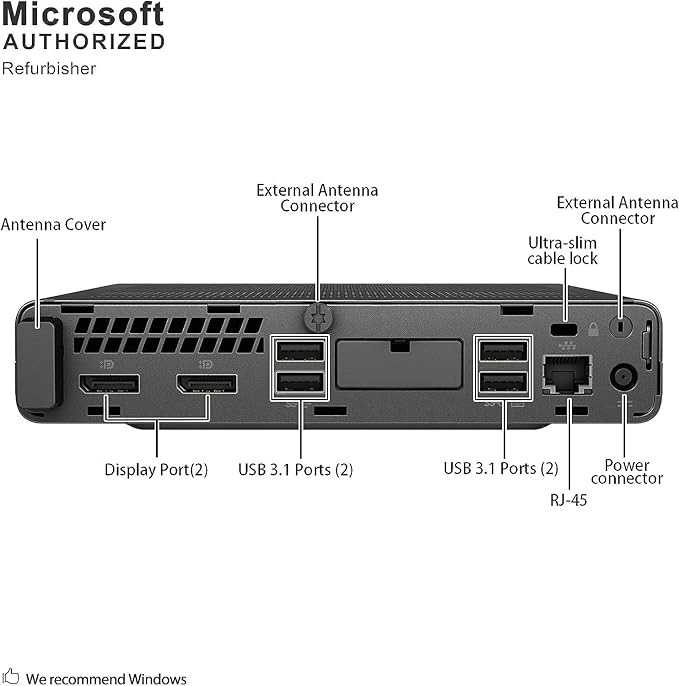 HP EliteDesk Mini Desktop in black, featuring Intel Core i7-8700T, 16GB RAM, and 256GB SSD. Refurbished tiny PC.