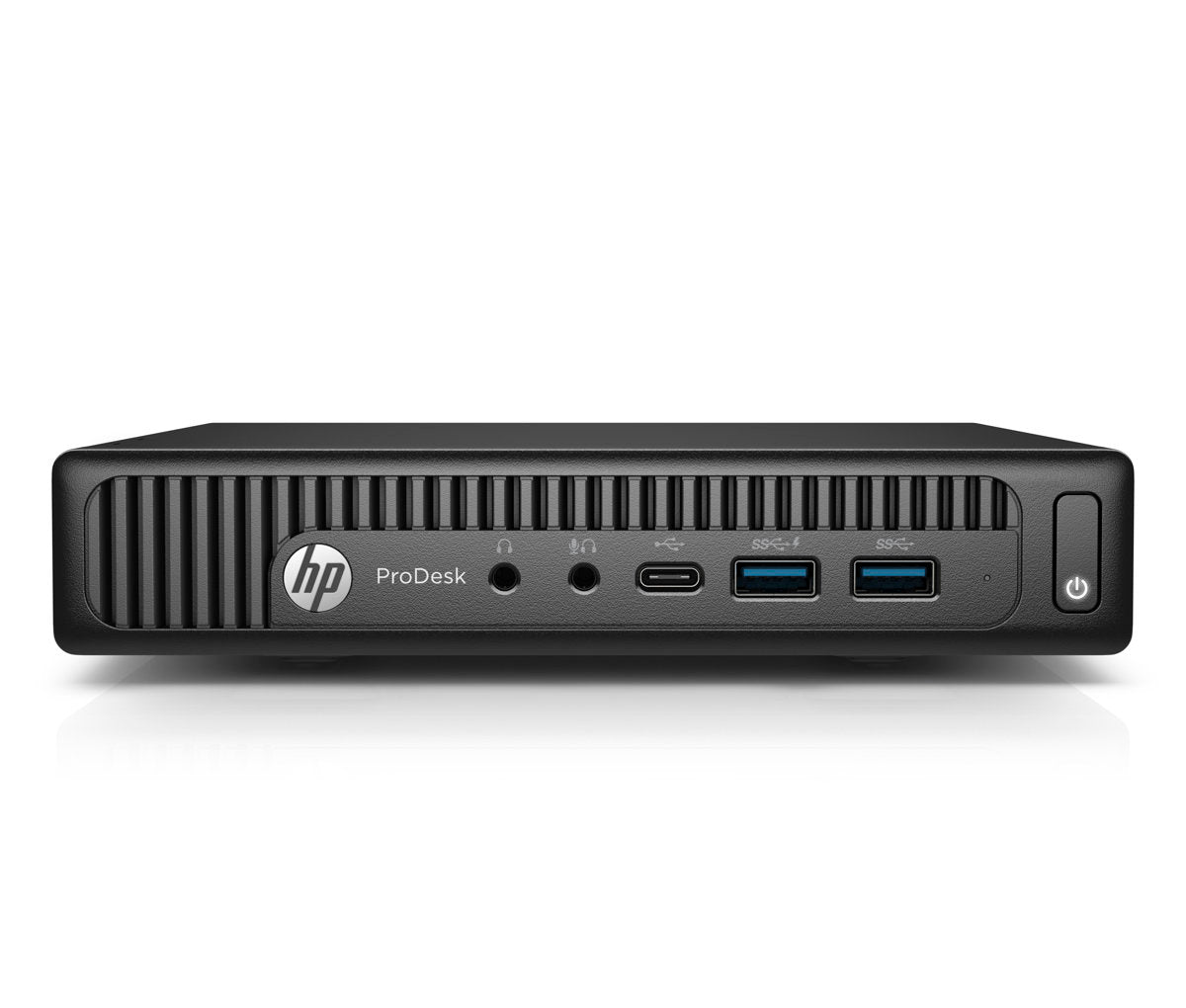 HP Mini Desktop in black with Intel Core i5-6500T, 8GB RAM, 128GB SSD, running Windows 11 Pro. Refurbished tiny PC.