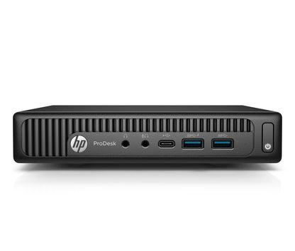 HP Mini Desktop in black with Intel Core i5-6500T, 8GB RAM, 128GB SSD, running Windows 11 Pro. Refurbished tiny PC.