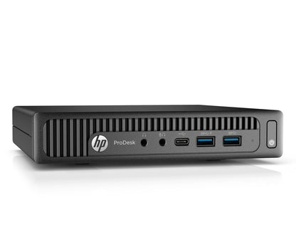 Refurbished HP Mini Desktop in black with Intel Core i5-6500T, 8GB RAM, and 128GB SSD running Windows 11 Pro.