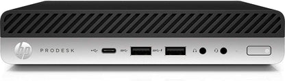 HP Mini Desktop in black, featuring Intel Core i5-7500T, 8GB RAM, 128GB SSD, and Windows 11 Pro, refurbished tiny PC.