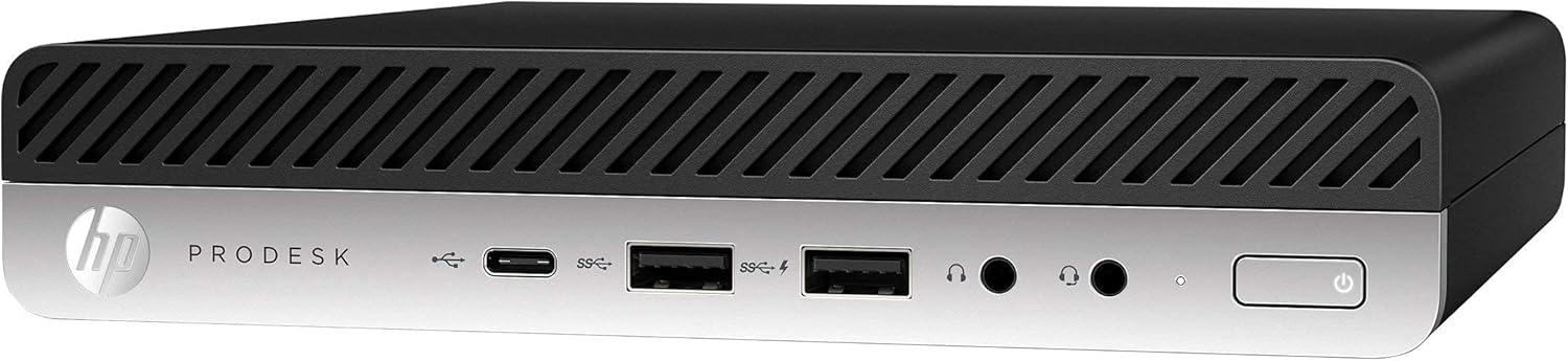 HP Mini Desktop in black, featuring Intel Core i5-7500T, 8GB RAM, 128GB SSD, and Windows 11 Pro, refurbished tiny PC.