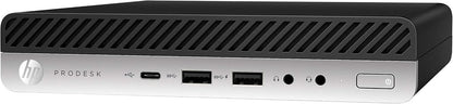 HP Mini Desktop in black, featuring Intel Core i5-7500T, 8GB RAM, 128GB SSD, and Windows 11 Pro, refurbished tiny PC.