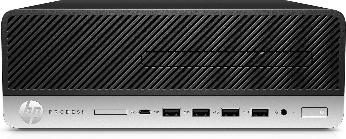 HP SFF Desktop with Intel Core i7-7700, 16GB RAM, 256GB SSD, running Windows 11 Pro, shown in a compact design.