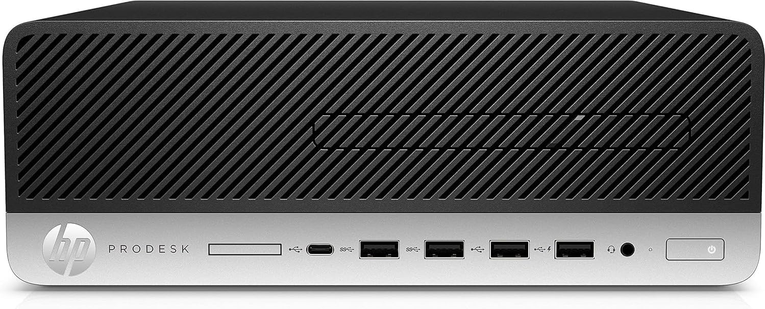 HP SFF Desktop with Intel Core i7-7700, 16GB RAM, 256GB SSD, running Windows 11 Pro, shown in a compact design.