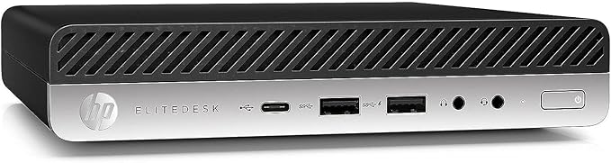 Refurbished HP Mini Desktop PC with Intel Core i5-9500T processor, compact tiny PC design, black case with front ports.