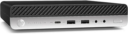 Refurbished HP Mini Desktop PC with Intel Core i5-9500T processor, compact tiny PC design, black case with front ports.
