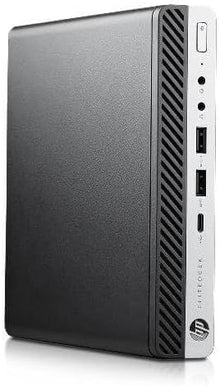 Refurbished HP Mini desktop PC with Intel Core i5-9500T processor, compact tiny PC design, black case, and front port access
