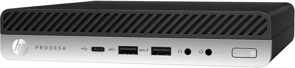HP Mini Refurbished Desktop AMD A10 tiny PC with black casing and front ports, compact size ideal for space-saving computing.