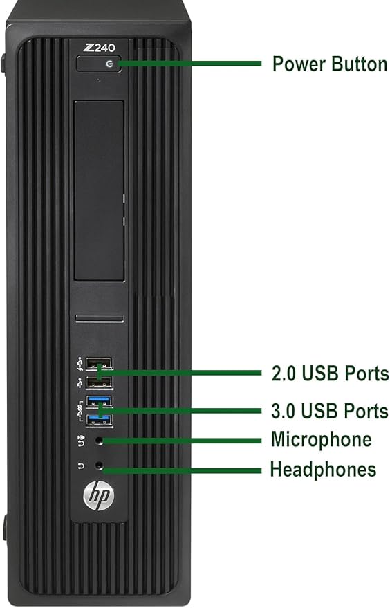 HP Z240 SFF Workstation in black with Intel Core i5, 8GB RAM, 128GB SSD, and Windows 11 Pro, refurbished tiny PC.