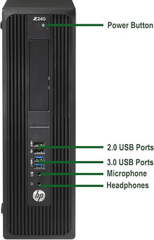 HP Z240 SFF Workstation in black with Intel Core i5, 8GB RAM, 128GB SSD, and Windows 11 Pro, refurbished tiny PC.