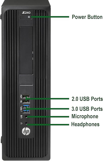 HP Z240 SFF Workstation in black with Intel Core i5, 8GB RAM, 128GB SSD, and Windows 11 Pro, refurbished tiny PC.