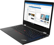 Refurbished Lenovo ThinkPad L13 Yoga 13.3-inch laptop with Intel Core i5 processor, black keyboard, and sleek design.