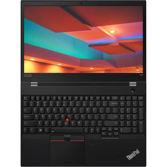 Lenovo ThinkPad T590 15.6-inch refurbished laptop with Intel Core i7-8665U processor, black keyboard, and silver chassis.