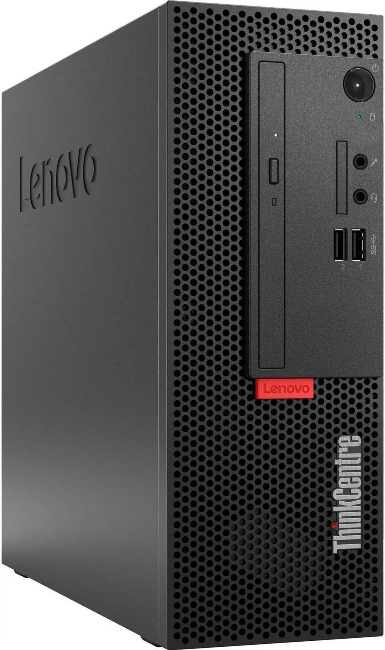 Lenovo Small Form Factor Desktop with Intel Core i5-9500 processor, refurbished, showing front view with ports and power button.