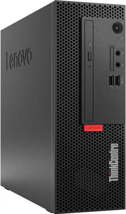 Lenovo Small Form Factor Desktop with Intel Core i5-9500 processor, refurbished, showing front view with ports and power button.