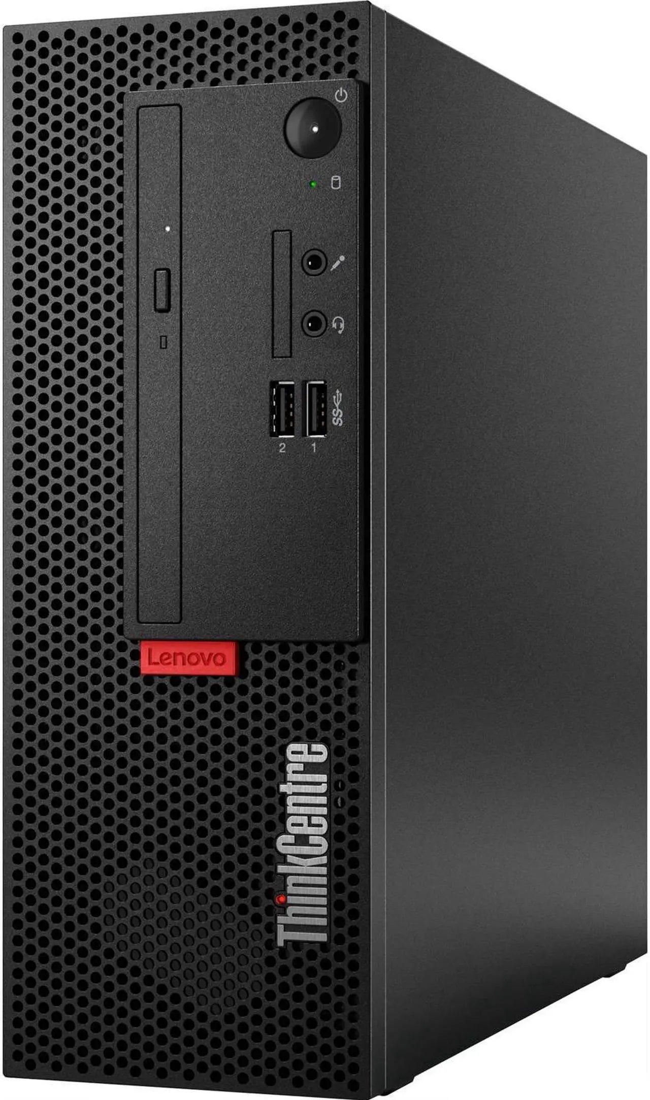 Lenovo Small Form Factor Desktop with Intel Core i5-9500 processor, compact refurbished computer on a desk.