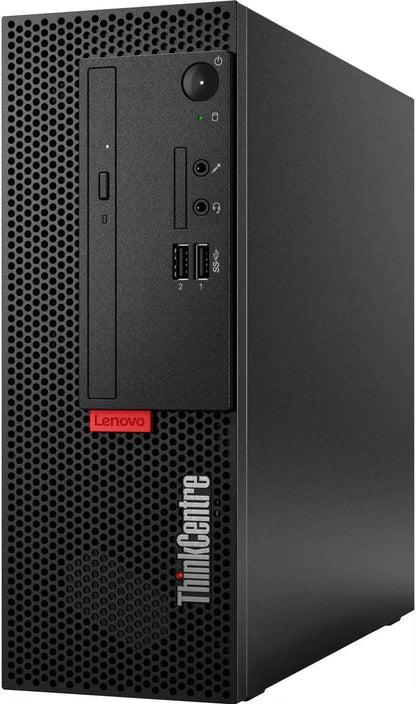 Lenovo Small Form Factor Desktop with Intel Core i5-9500 processor, compact refurbished computer on a desk.