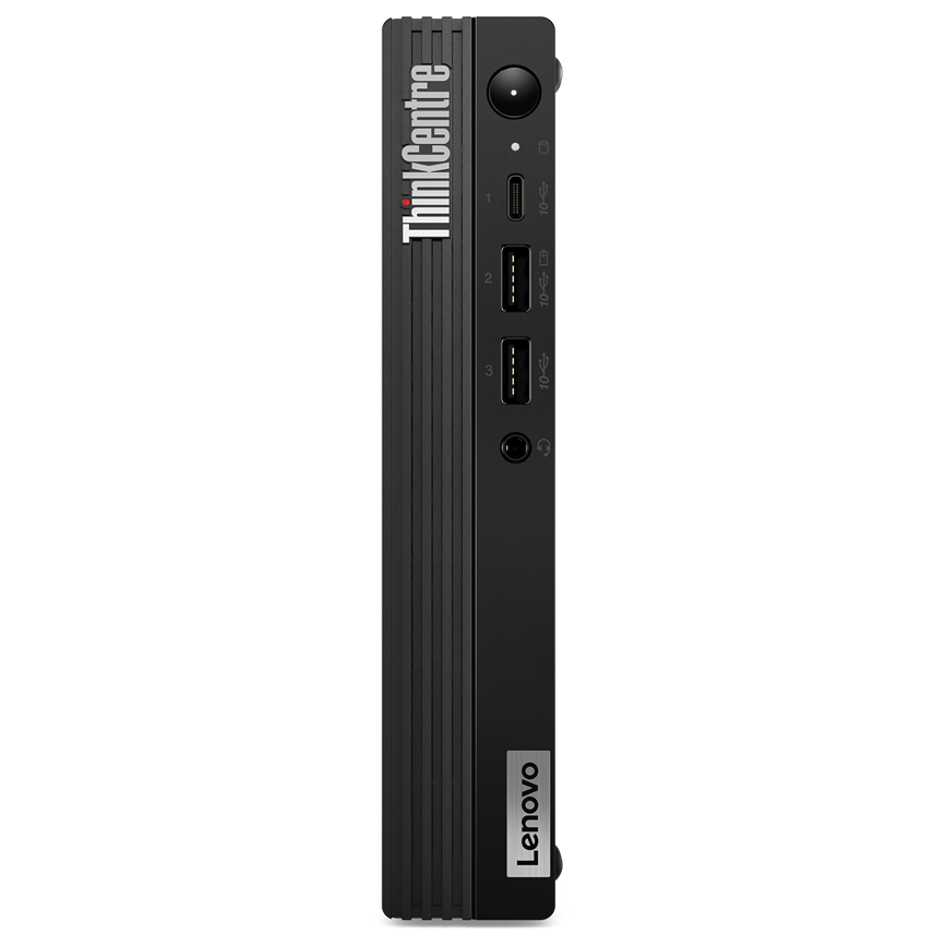 Lenovo ThinkCentre Tiny desktop computer with Intel Core i7-12700T processor, compact refurbished PC on a white background.