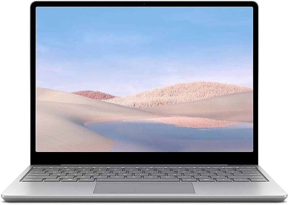 Microsoft Surface Laptop Go 1 in silver, 12.4-inch display, Intel Core i5, 16GB RAM, 256GB SSD, Windows 11 Pro, refurbished laptop.